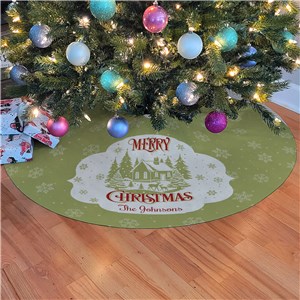 Personalized Vintage Green Cabin Christmas Tree Skirt
