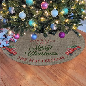 Personalized Wishing you a very Merry Christmas Red Truck Tree Skirt