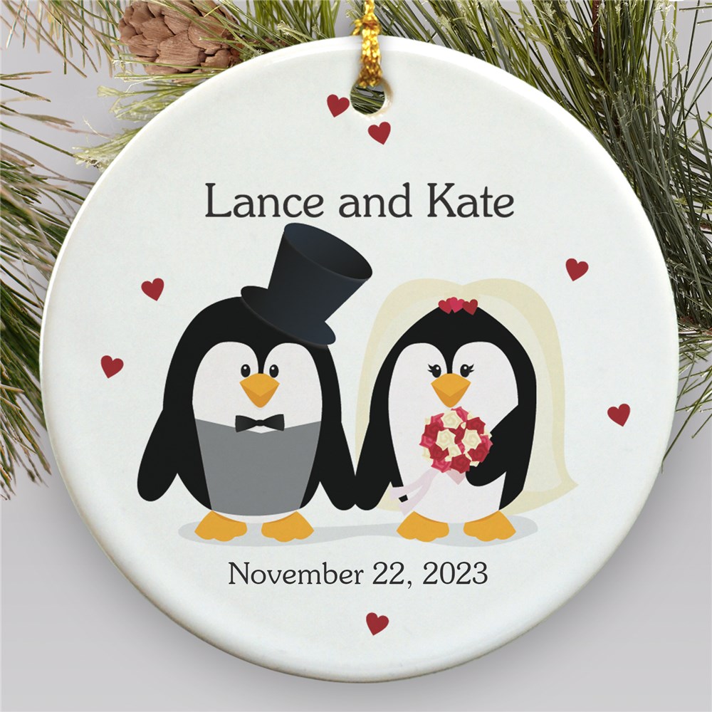Personalized Ceramic Penguin Bride and Groom Ornament | Personalized Wedding Ornament