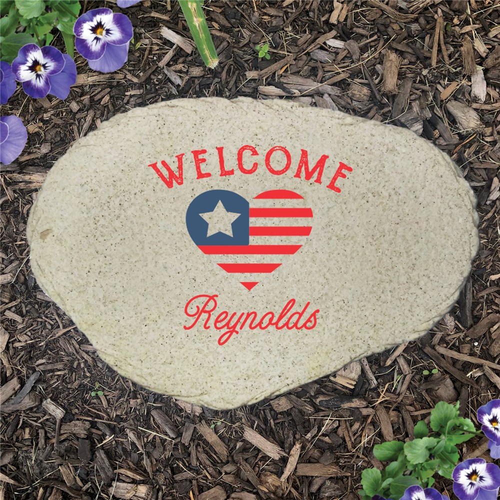 Personalized Garden Stone with Heart Shaped American Flag