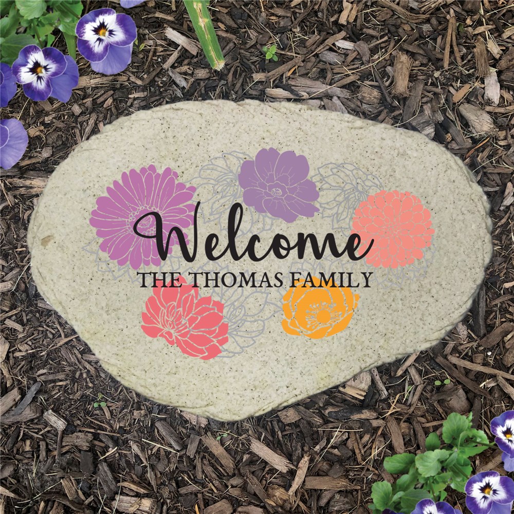 Personalized Welcome Floral Flat Garden Stone 