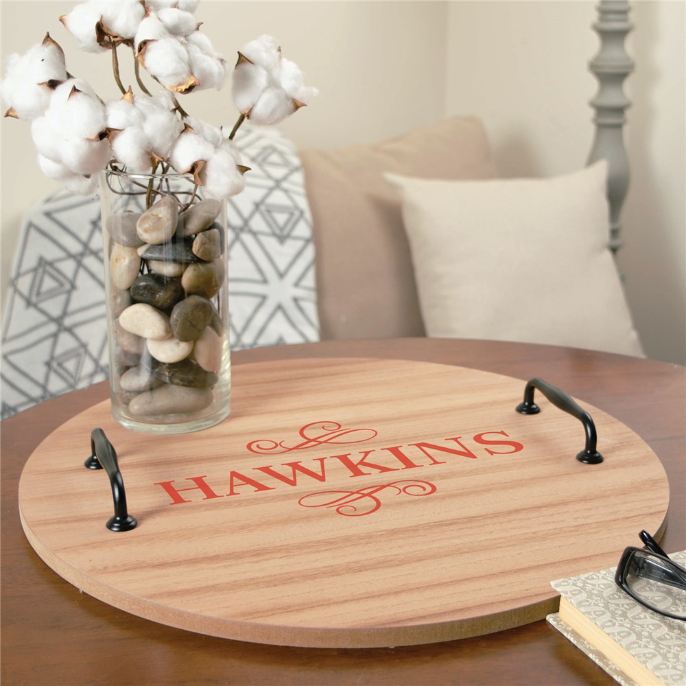 Personalized Round Tray with Handles & Custom Family Name