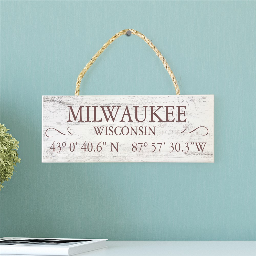 Personalized Coordinate Rope Hanger Sign | Rustic Coordinates Sign With Rope