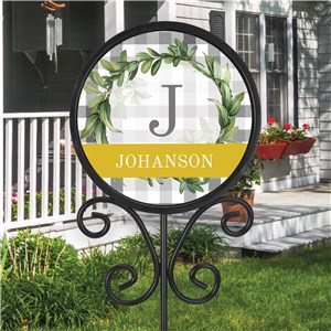 Personalized Eucalyptus Wreath on Plaid Round Magnetic Sign Set UV167845