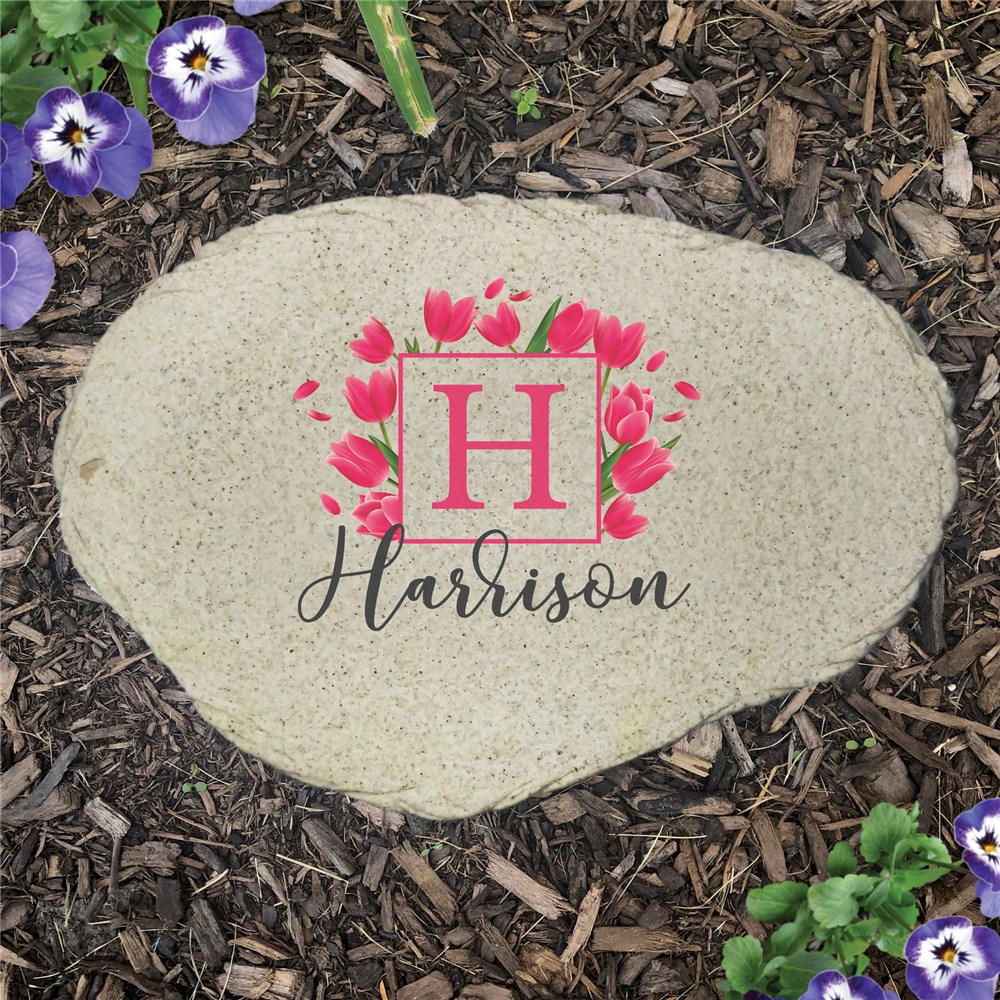 Personalized Tulips Family Name and Initial Flat Garden Stone