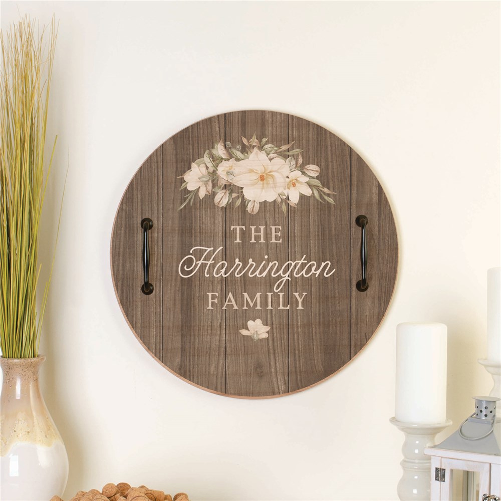 Personalized Magnolia & Wood Texture Round Tray 