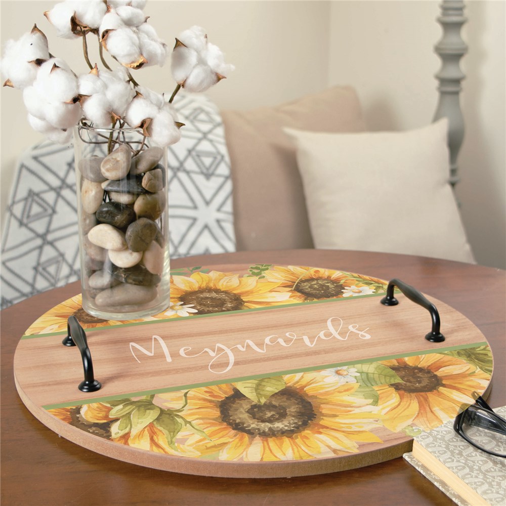 Personalized Round Tray with Sunflowers Design & Family Name