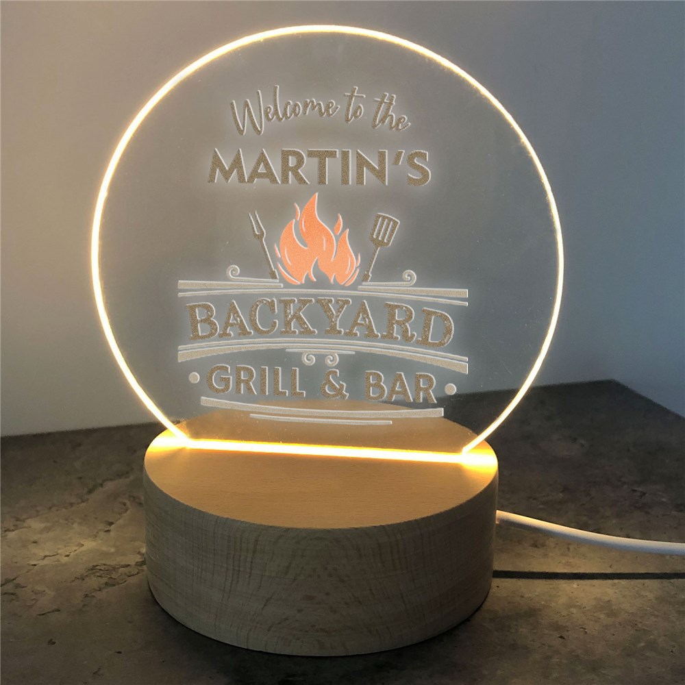 Personalized Backyard Bar & Grill Round LED Sign