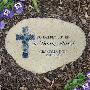 Personalized Blue Floral Cross Memorial Large Flat Garden Stone UV2409615
