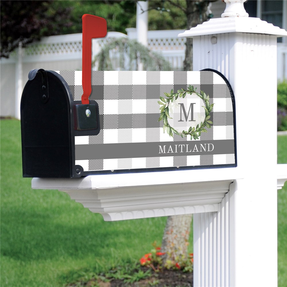 Personalized Eucalyptus Wreath on Plaid Mailbox Cover