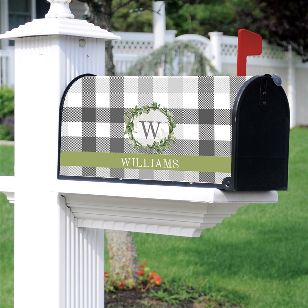 Personalized Eucalyptus Wreath on Plaid Mailbox Cover