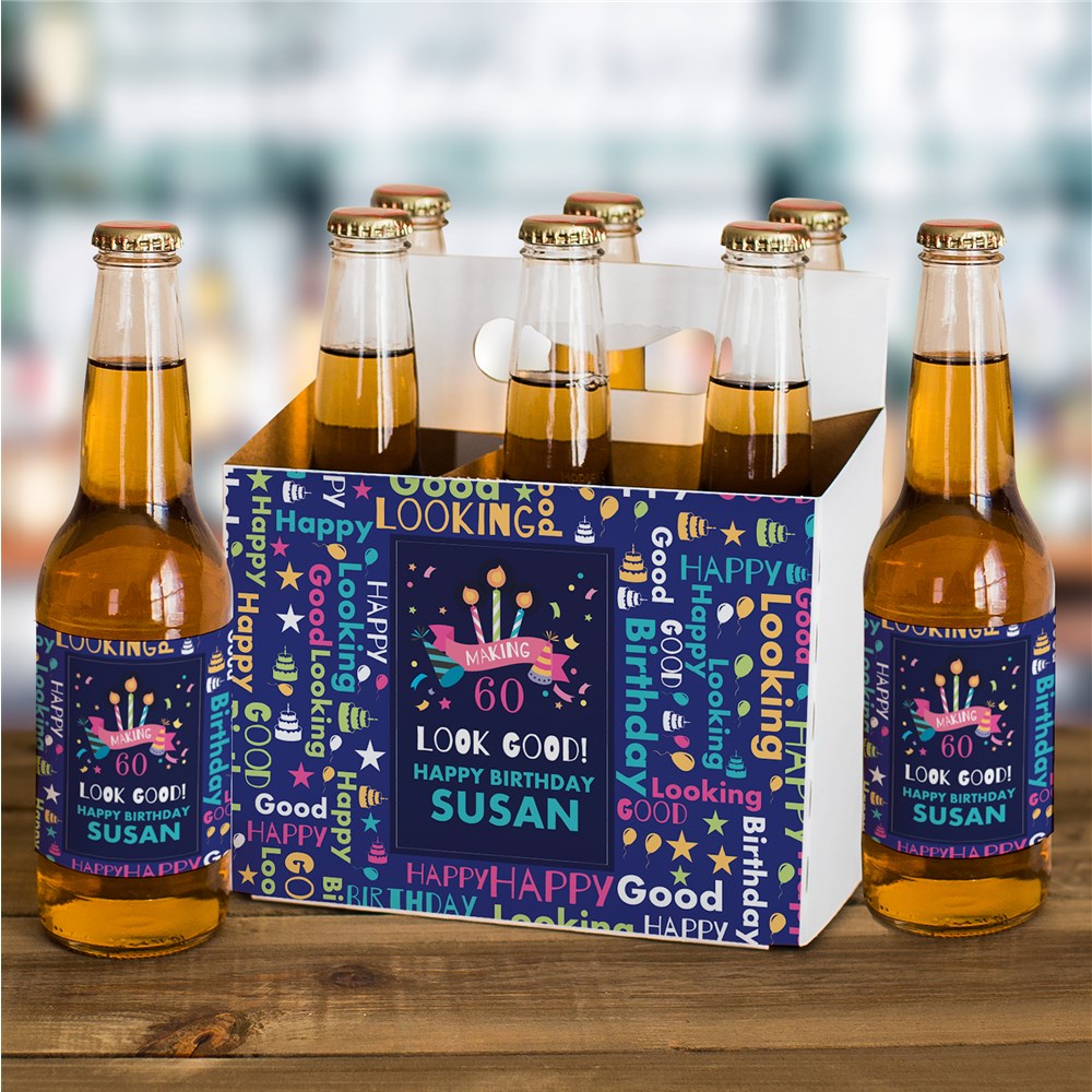 Personalized Looking Good Birthday Word Art Beer Labels and Carrier Set