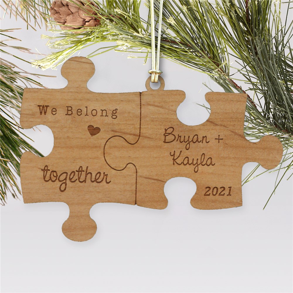 Engraved Couple's Puzzle Wood Cut Ornament | Personalized Couples Ornament