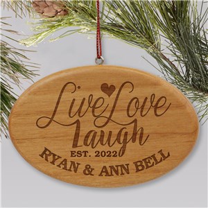 Engraved Live, Laugh, Love Wood Oval Couples Ornament | Personalized Couples Ornament