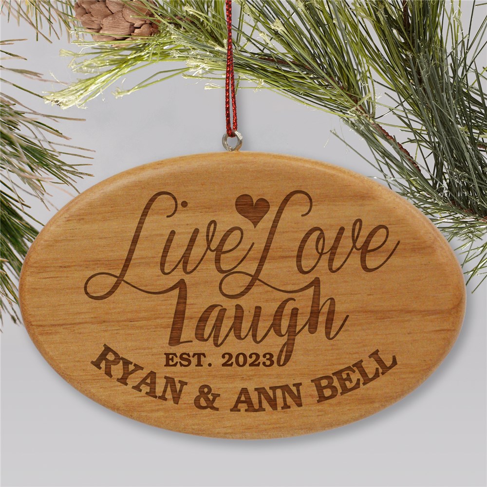 Engraved Live, Laugh, Love Wood Oval Couples Ornament | Personalized Couples Ornament
