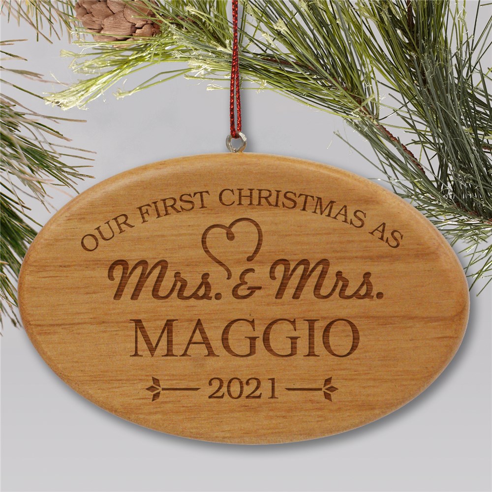 Engraved Our First Christmas Wood Oval Wedding Ornament | Personalized Newlywed Gift