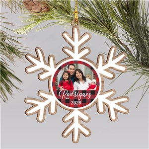 Custom Plaid Photo Snowflake Wood Ornament