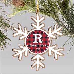 Custom Plaid Snowflake Wood Ornament With Initial
