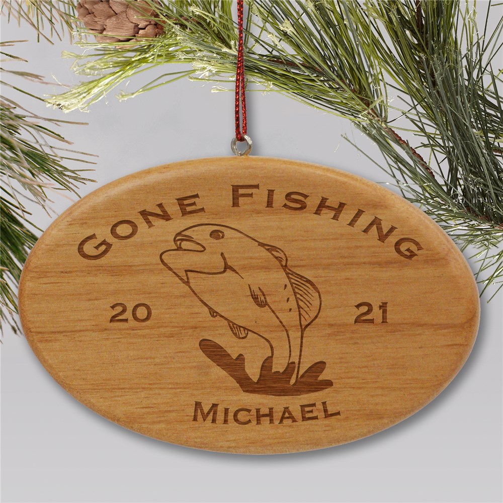 Engraved Fishing Wooden Oval Ornament | Fishing Christmas Ornaments
