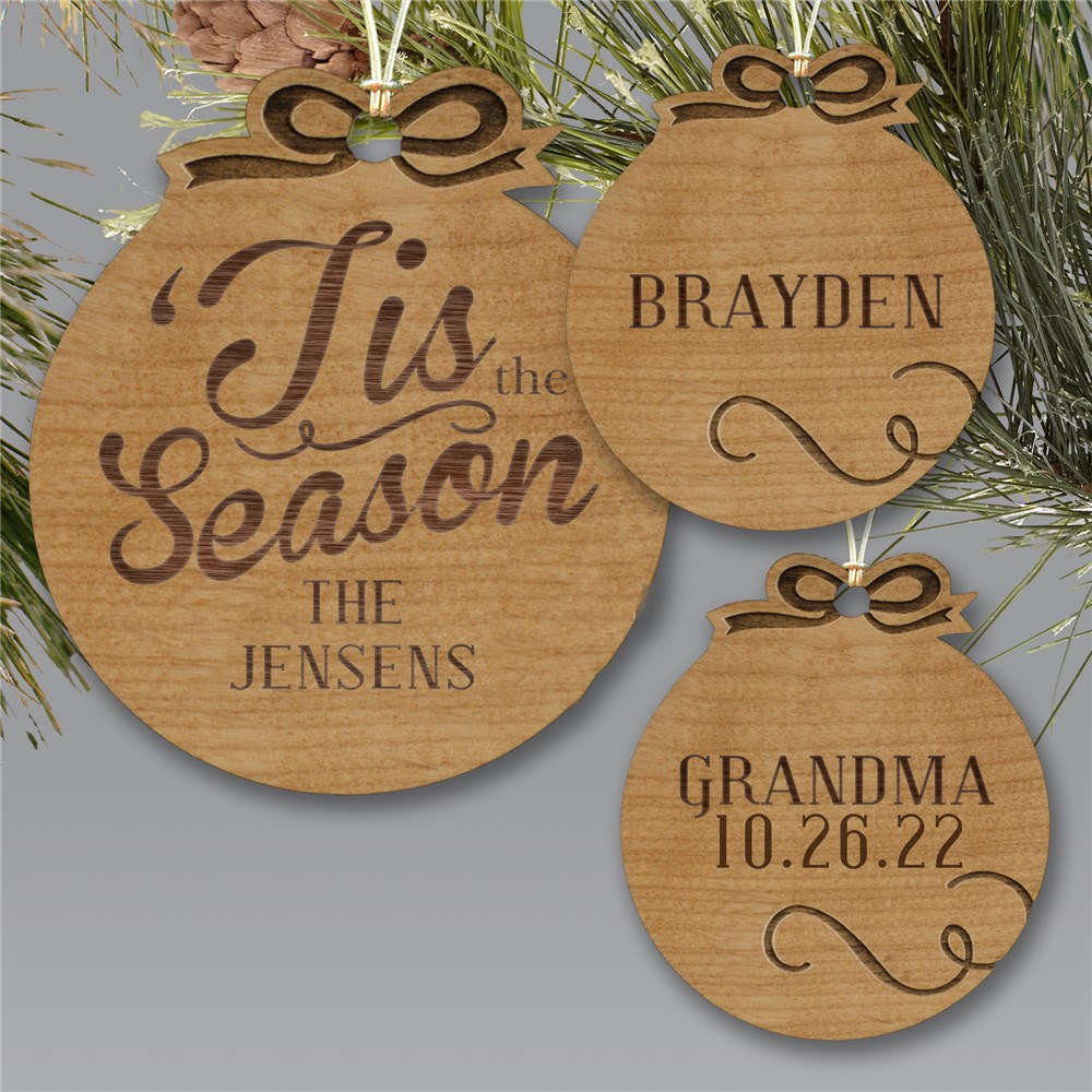Engraved Tis the Season Wood Cut Ornaments | Personalized Christmas Ornaments