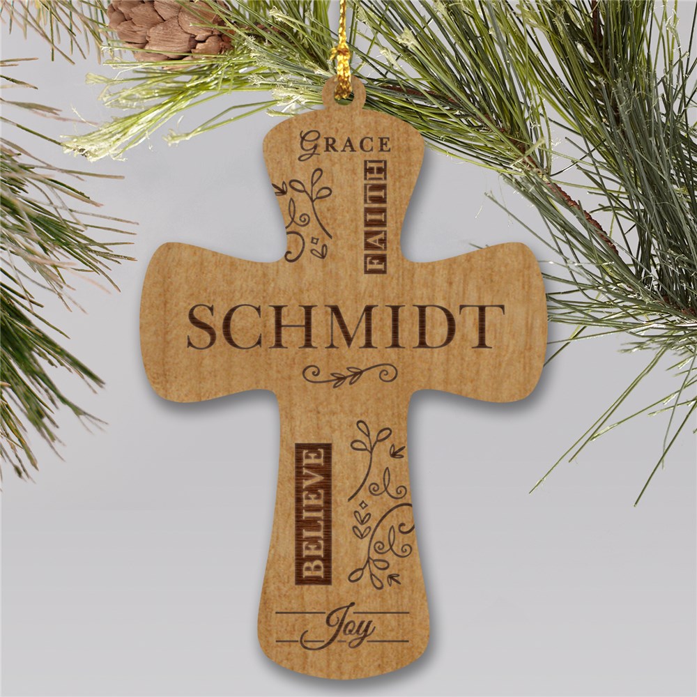 Engraved Cross Wooden Ornament | Personalized Ornament