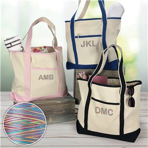 Embroidered Initials Canvas Tote Bag with Rainbow Thread