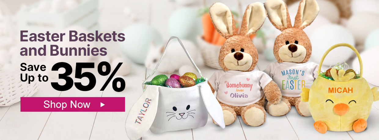 Personalized Easter Bunnies, Baskets, and Apparel. Easter Candy, too!